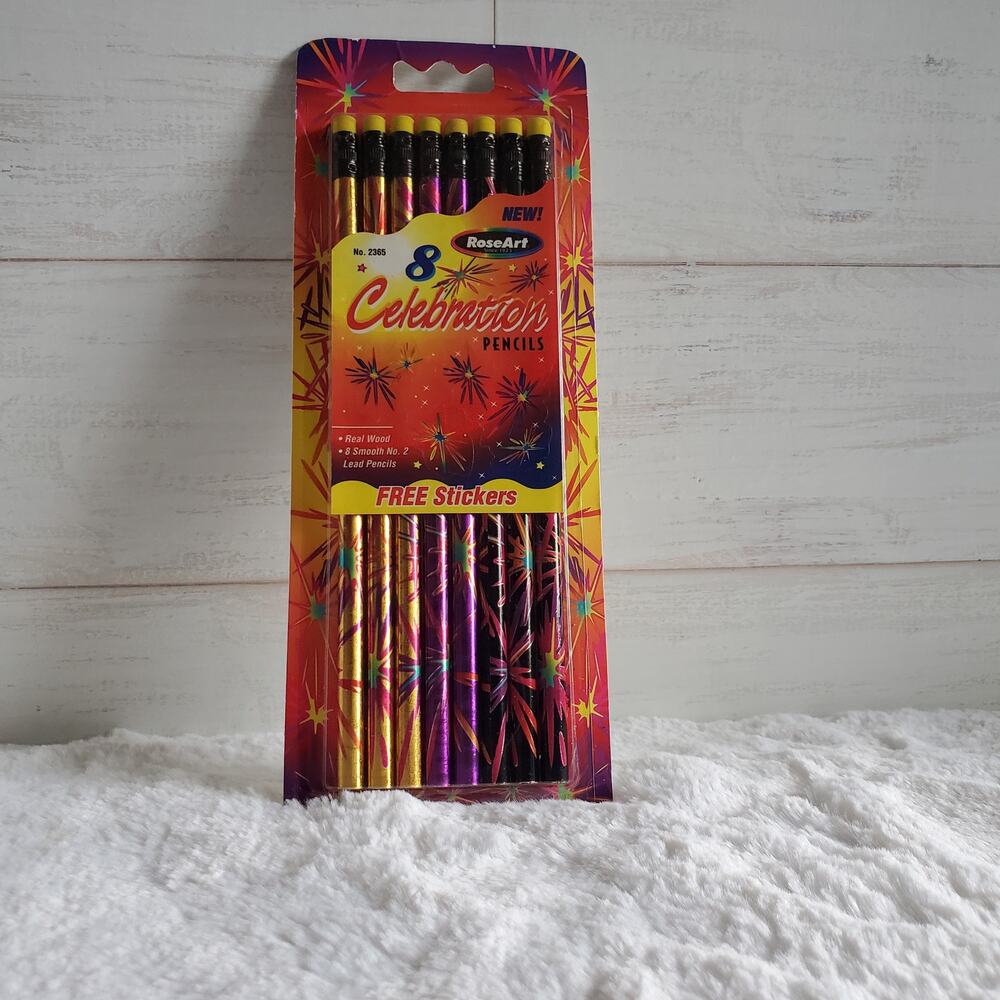 Vintage RoseArt 8 Celebration Pencils with Stickers from 2000 New Sealed